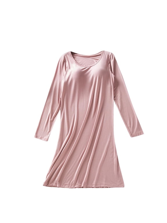 Long Sleeve Nightgown for Women with Built in Bra Crewneck Long Sleep Lounge Pajama Top Solid Loose Soft Nightshirt Hot Pink M