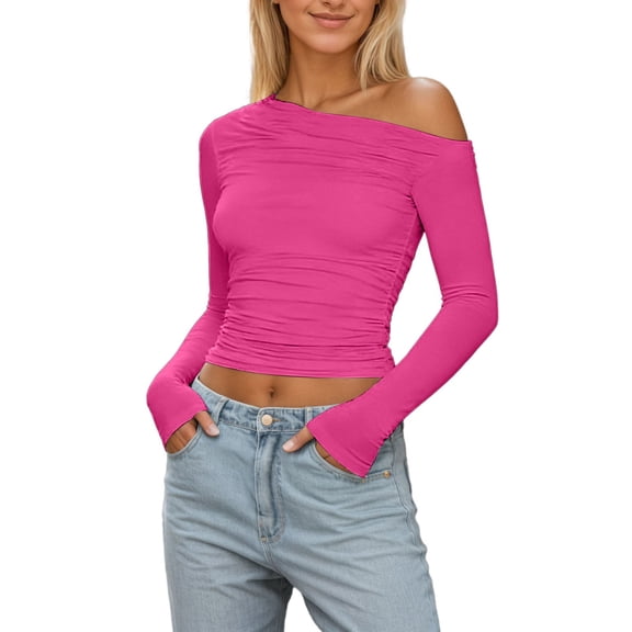 Long Sleeve Off Shoulder Crop Top Womens Casual Basic Boat Neck Solid Color Slim T Shirt Elegant Blouses A-Red XS