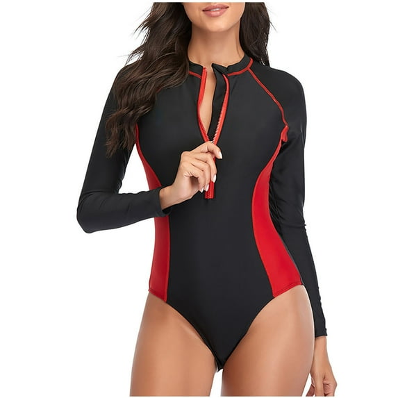Long Sleeve One Piece Bathing Suit for Women Rash Guard Swimsuit Zipper Front Surfing Athletic Swimwear UPF 50+