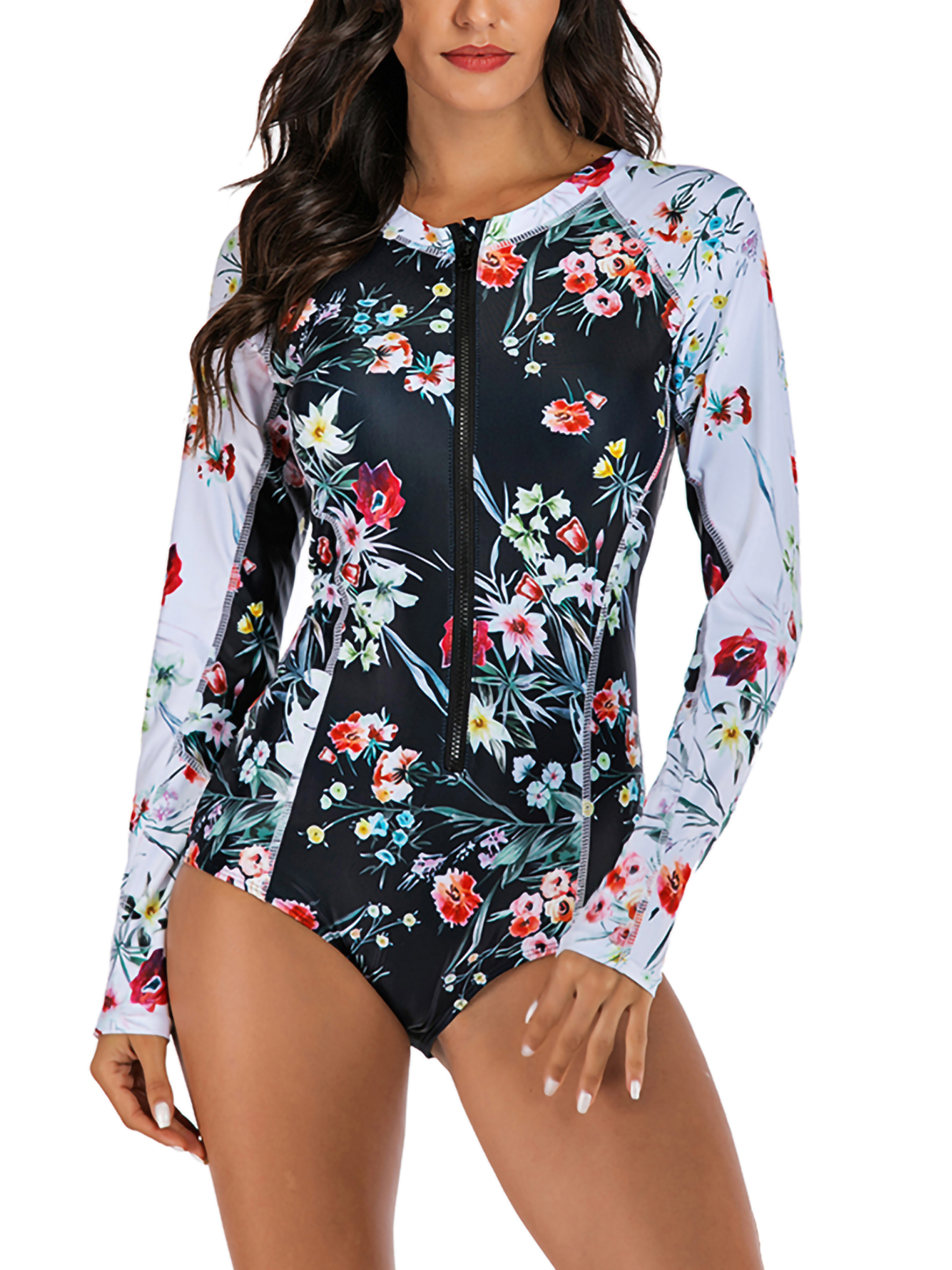 Long Sleeve One-piece Swimsuits for Women Surfing Diving Suit Bathing Suits Sexy Ladies S-2XL Floral Tummy Control - image 1 of 8