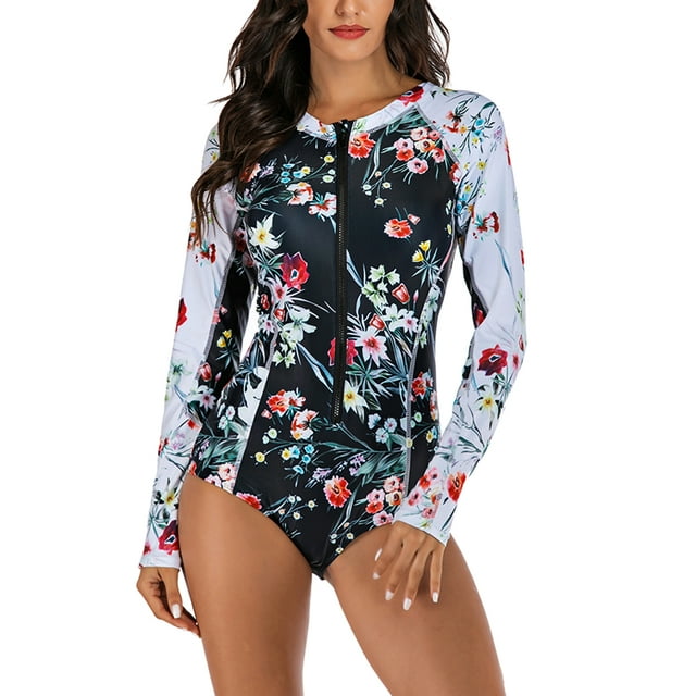 Long Sleeve One-piece Swimsuits for Women Surfing Diving Suit Bathing Suits Sexy Ladies S-2XL Floral Tummy Control