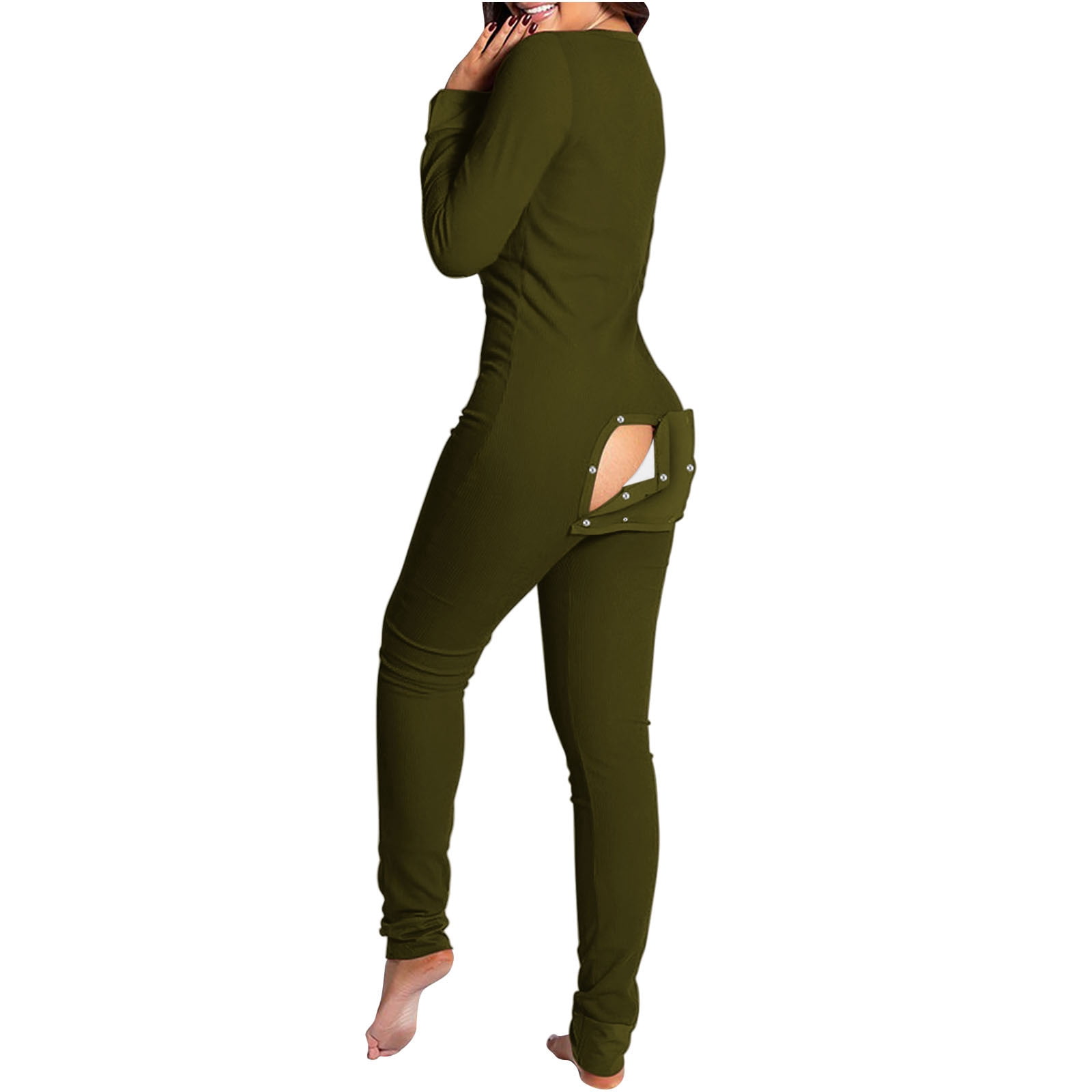 Long Sleeve Onesies Rompers for Womens Fashion Butt Flap Pajamas Functional Buttoned One Piece Bodysuit Jumpsuit XX Large Army Green Walmart