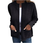 CHARELLA Long Sleeve Open Front Sweaters for Women Full Zip Cable Knit Cardigan Solid Color Knitted Cropped Outwear with Pockets (Black L)