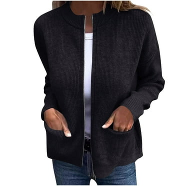 Long Sleeve Open Front Sweaters for Women Full Zip Cable Knit Cardigan Solid Color Knitted Cropped Outwear with Pockets (Black L)