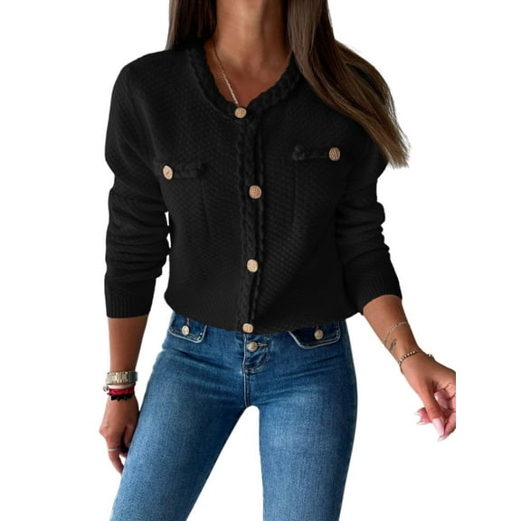 Long Sleeve Open Front Womens Button Up Cable Knit Cardigan Fall Trendy Sweater Jacket with Pockets