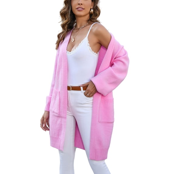 Long Sleeve Overcoat Sweater Open Front Cardigan Soft Knit for Women Pink Small