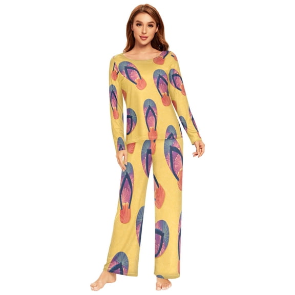 Long Sleeve Pajama Set For Women Comfy Set Soft Sleepwear Beach Flip-flop Pattern