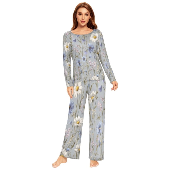 Long Sleeve Pajama Set For Women Comfy Set Soft Sleepwear Bellflowers