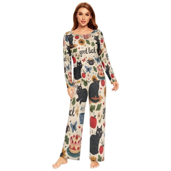 Long Sleeve Pajama Set For Women Comfy Set Soft Sleepwear Black Cats Cake Coffee Cups