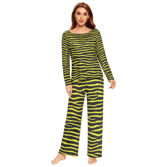 Long Sleeve Pajama Set For Women Comfy Set Soft Sleepwear Black and Neon Yellow Pattern
