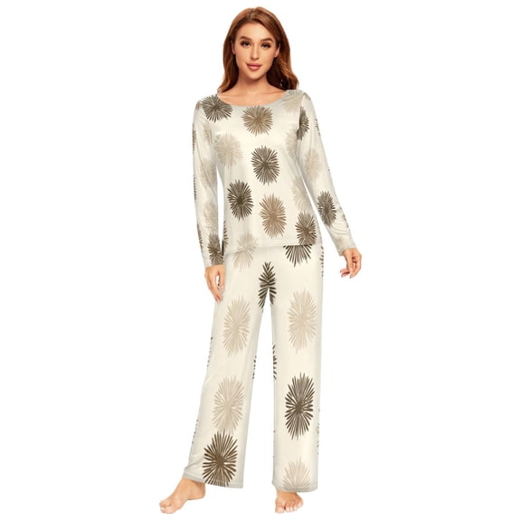 Long Sleeve Pajama Set For Women Comfy Set Soft Sleepwear Brown Beige