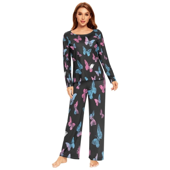 Long Sleeve Pajama Set For Women Comfy Set Soft Sleepwear Butterfly Gradient