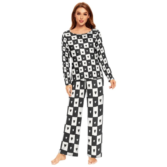 Long Sleeve Pajama Set For Women Comfy Set Soft Sleepwear Checkered Small Hearts
