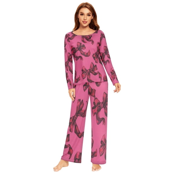 Long Sleeve Pajama Set For Women Comfy Set Soft Sleepwear Curly Ribbons