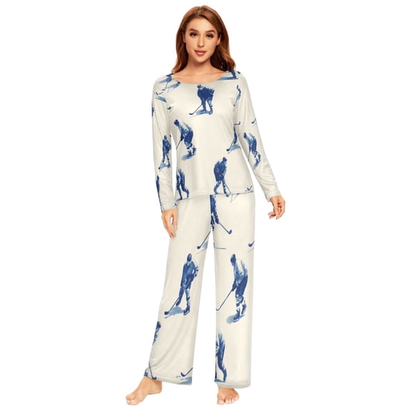 Long Sleeve Pajama Set For Women Comfy Set Soft Sleepwear Hockey Pattern