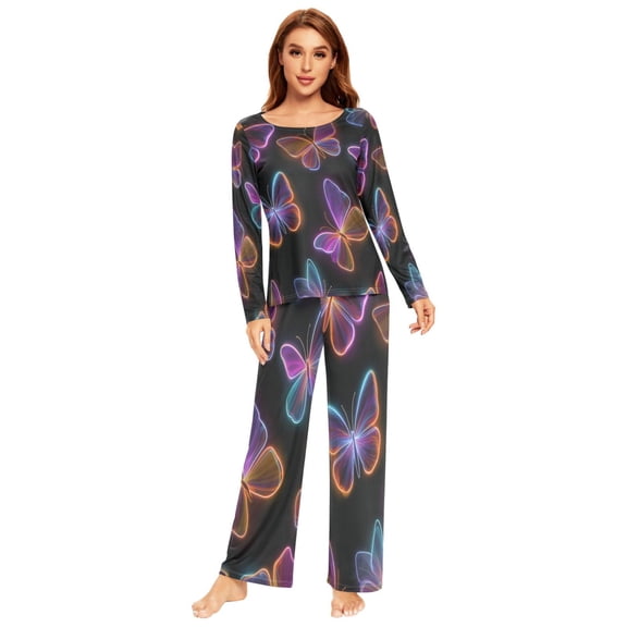Long Sleeve Pajama Set For Women Comfy Set Soft Sleepwear Neon Butterflies