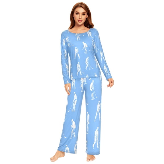 Long Sleeve Pajama Set For Women Comfy Set Soft Sleepwear Pattern Of Hockey Players