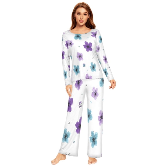 Long Sleeve Pajama Set For Women Comfy Set Soft Sleepwear Purple Blue Flowers