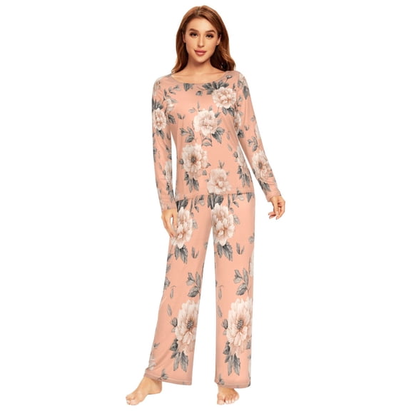 Long Sleeve Pajama Set For Women Comfy Set Soft Sleepwear Seamless Repeating Flowers