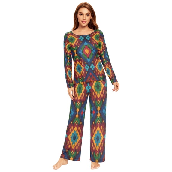 Long Sleeve Pajama Set For Women Comfy Set Soft Sleepwear Traditional Mexican Pattern