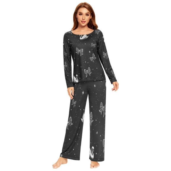 Long Sleeve Pajama Set For Women Comfy Set Soft Sleepwear White Bow and Swan