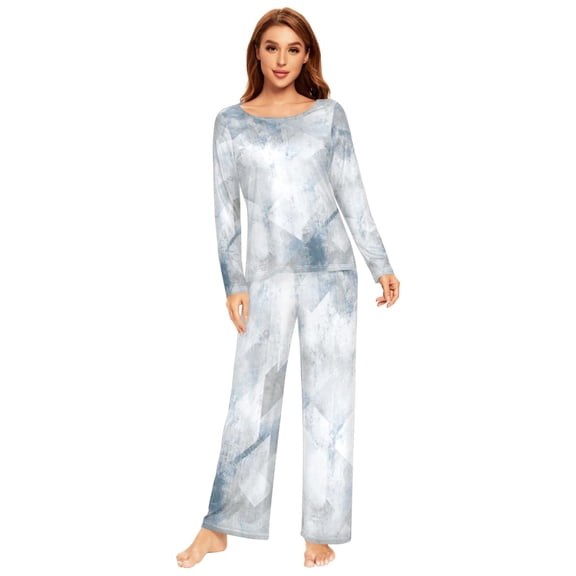 Long Sleeve Pajama Set For Women Comfy Set Soft Sleepwear White and Blue Distressed