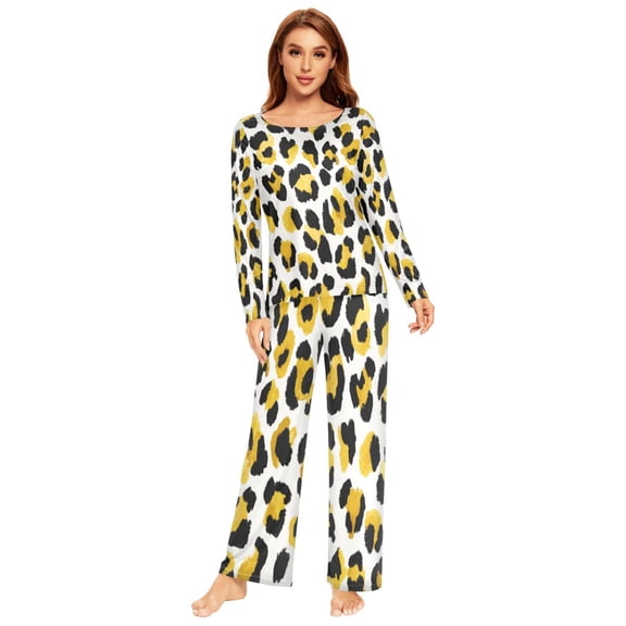 Long Sleeve Pajama Set For Women Comfy Set Soft Sleepwear Yellow Black Leopard Pattern
