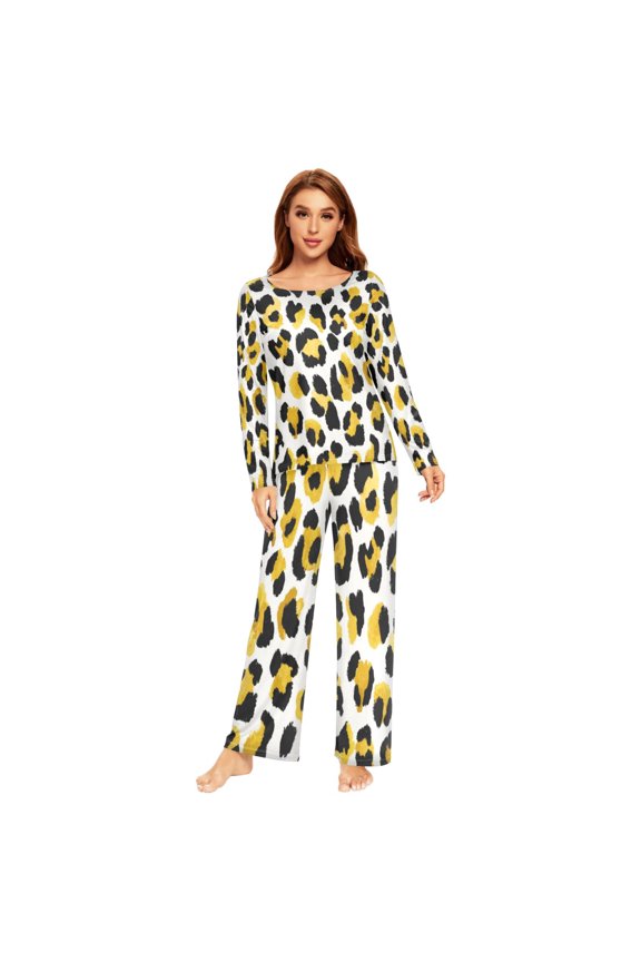 Long Sleeve Pajama Set For Women Comfy Set Soft Sleepwear Yellow Black Leopard Pattern