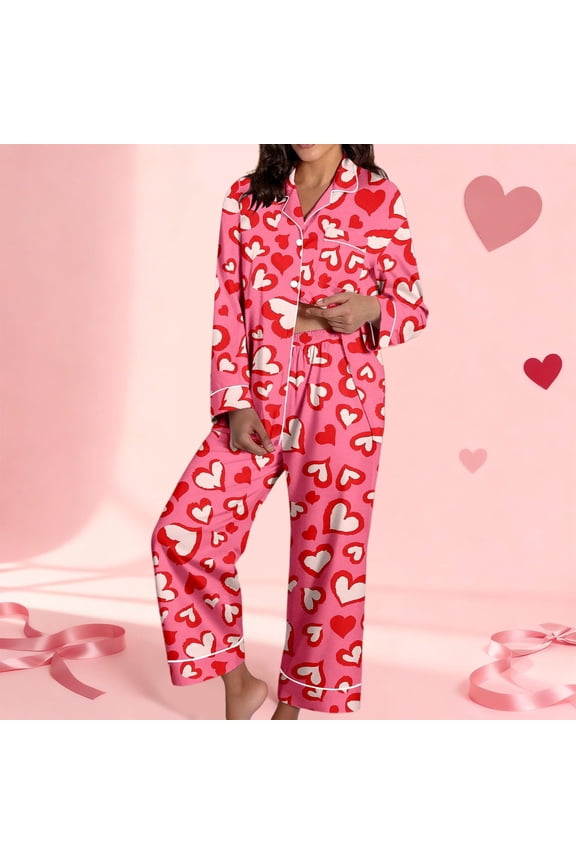 Women's Dressy Casual Long Sleeve Button Down Sleepwear Set Lightweight Graphic Cotton Cute Heart Print Valentines Pajama Sets