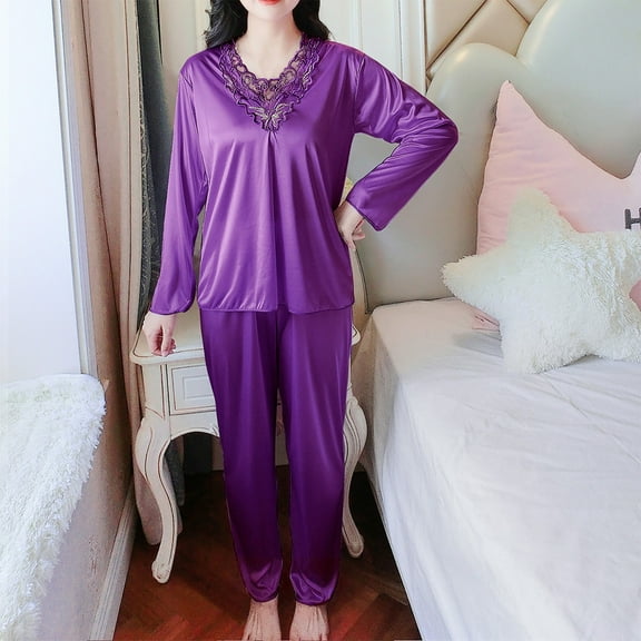 Long Sleeve Pajamas Sets for Woman Satin Ice Silk 2 Piece Loungewear Lace V Neck Pullover Tops Loose Pants Soft Sleepwear Summer Pajamas Purple 3XL
