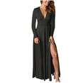 thumbnail image 1 of Long Sleeve Party Dress for Women Elegant Wedding Guest Evening Maxi Gown V Neck Pleated High Split Formal Dress (Medium, Black), 1 of 7