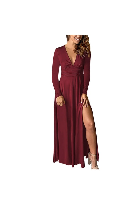 Long Sleeve Party Dress for Women Elegant Wedding Guest Evening Maxi Gown V Neck Pleated High Split Formal Dress (X-Large, Wine)