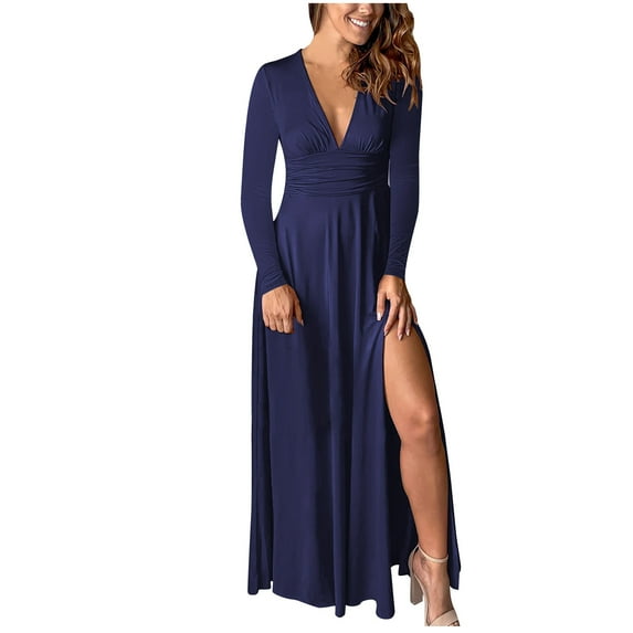 Long Sleeve Party Dress for Women Elegant Wedding Guest Evening Maxi Gown V Neck Pleated High Split Formal Dress (XX-Large, Navy)