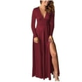 thumbnail image 1 of Long Sleeve Party Dress for Women Elegant Wedding Guest Evening Maxi Gown V Neck Pleated High Split Formal Dress (XX-Large, Wine), 1 of 7