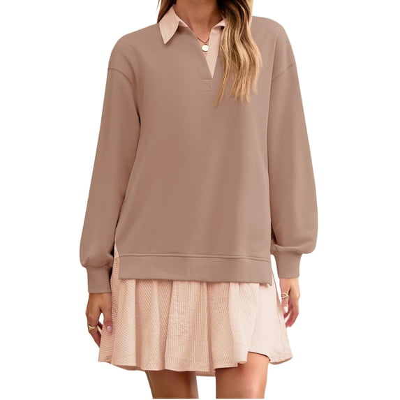 Long Sleeve Patchwork Women Collared V Neck Sweatshirt Dress