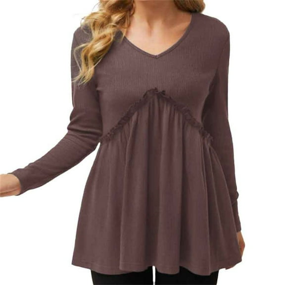 Long Sleeve Peplum Tops for Women, Yigetop Loose and Sued Folded Loose V Neck T Shirt Fashion Top Long Sleeve Flowy Top A XL