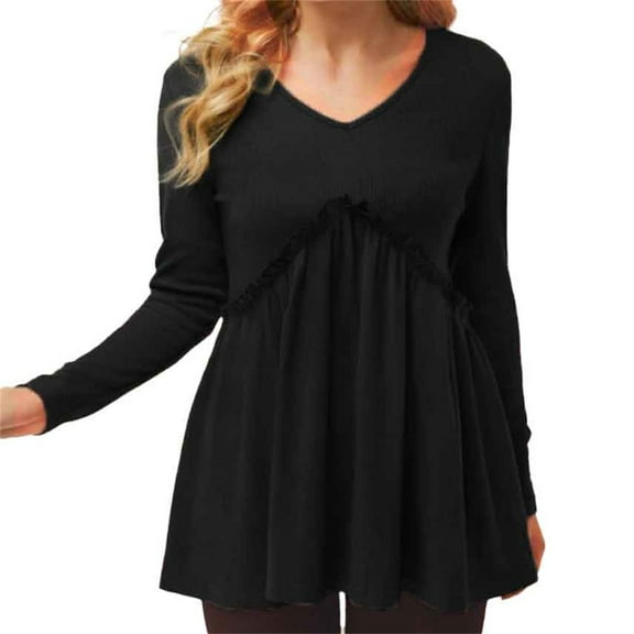Long Sleeve Peplum Tops for Women, Yigetop Loose and Sued Folded Loose V Neck T Shirt Fashion Top Long Sleeve Flowy Top Black M