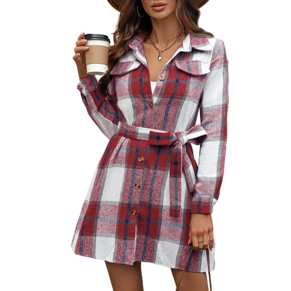 Long Sleeve Plaid Dress, Classic Checkered Design for a Polished Look, Perfect for Holiday Parties, Dinner Dates and Cold Weather Fashion. Red M