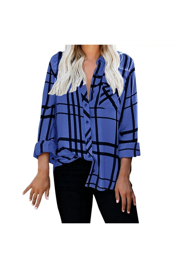 Long Sleeve Plaid Dress Shirts for Women Blue V Neck Stripes Casual Blouses Pocket Shirt Tops
