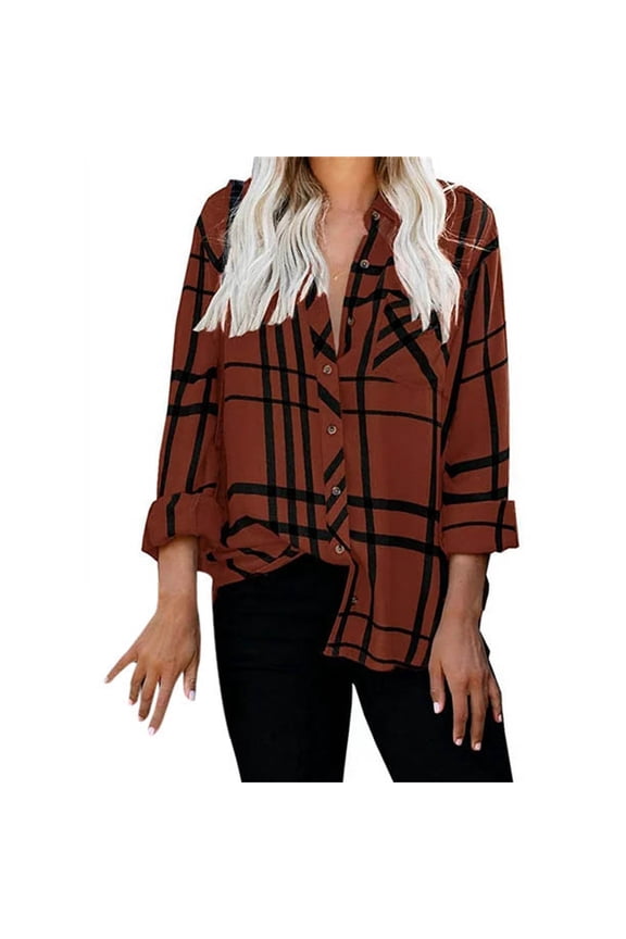 Long Sleeve Plaid Dress Shirts for Women Brown V Neck Stripes Casual Blouses Pocket Shirt Tops
