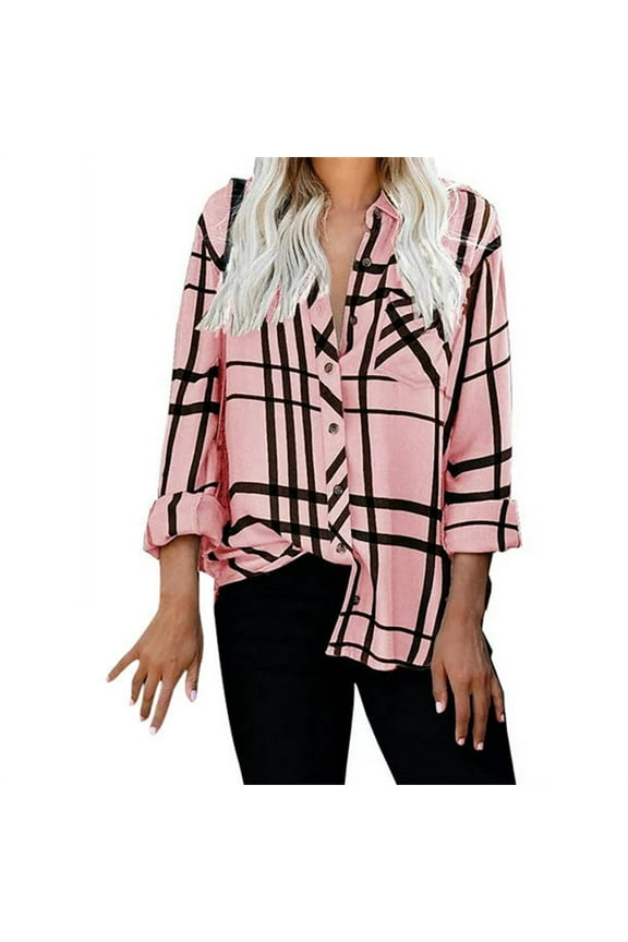 Long Sleeve Plaid Dress Shirts for Women Pink V Neck Stripes Casual Blouses Pocket Shirt Tops