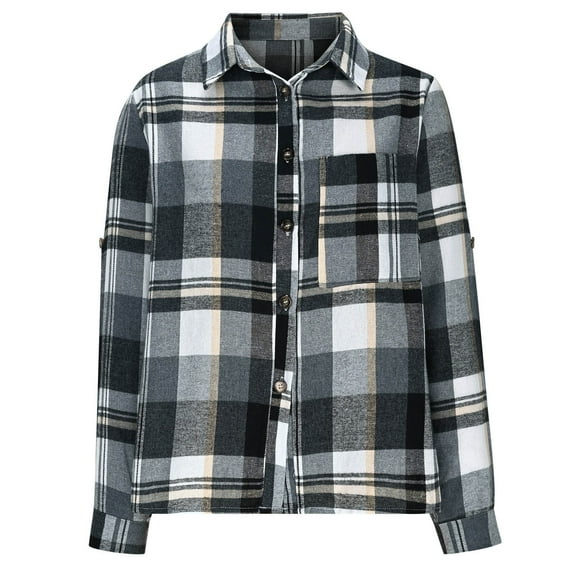 Long Sleeve Plaid Jackets for Women - Plaid Shirt for Women Long Sleeve with Pocket Button-up Casual Flannel Jackets Classic Lapel Collar, Rolled Sleeves Blouses Tops
