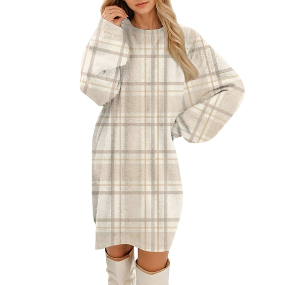 Long Sleeve Plaid Print Dress for Women with Crew Neck and Loose Fit Casual Style Above Knee Length Comfortable Material