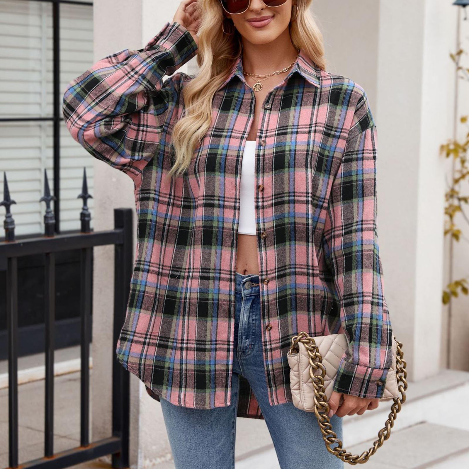 Long Sleeve Plaid Shirt for Women Flannel Button Down Shirts Buffalo Shackets Business Casual Blouses Walmart