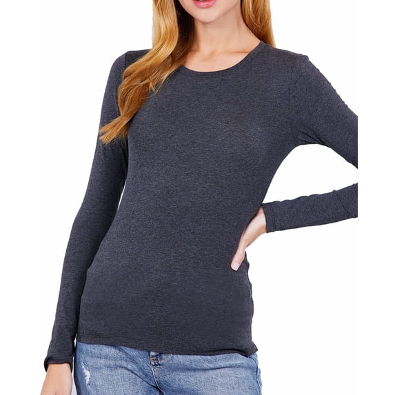 Long Sleeve Plain CREW Neck T-shirts Cotton/Spandex Charcoal L
