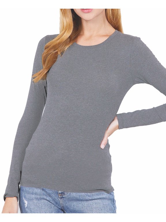 Long Sleeve Plain CREW Neck T-shirts Cotton/Spandex MH. Grey M