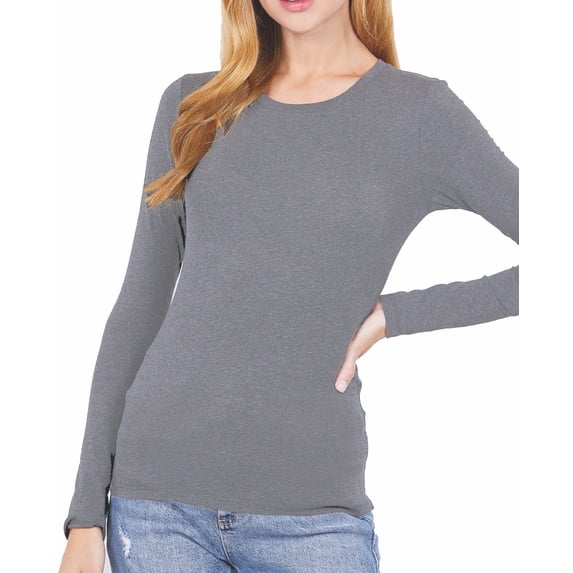 Long Sleeve Plain CREW Neck T-shirts Cotton/Spandex MH. Grey S