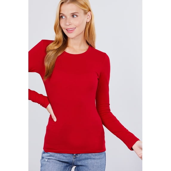 Long Sleeve Plain CREW Neck T-shirts Cotton/Spandex Red M