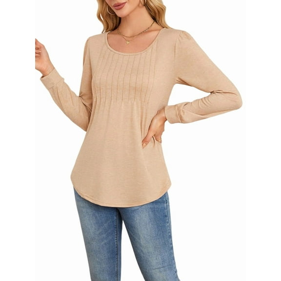 Long Sleeve Pleated Pullovers for Women Casual Chic Crew Neck Blouses Shirts Loose Fit Fall Clothes Apricot L