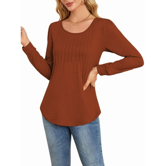 Long Sleeve Pleated Pullovers for Women Casual Chic Crew Neck Blouses Shirts Loose Fit Fall Clothes Caramel Color L
